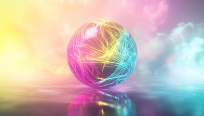 Wall Mural - a glowing sphere with colorful lines floats on a reflective surface