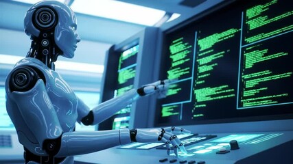 In a high-tech control room, a robotic system interacts with complex data displays, performing analysis and demonstrating advanced capabilities.