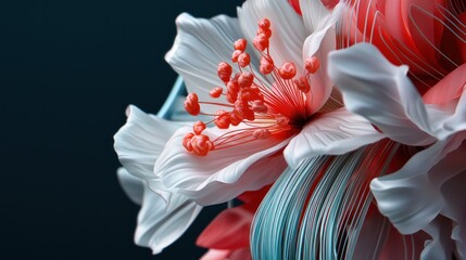 Wall Mural - Close-up of vibrant, 3D coral and white flower bouquet against dark background