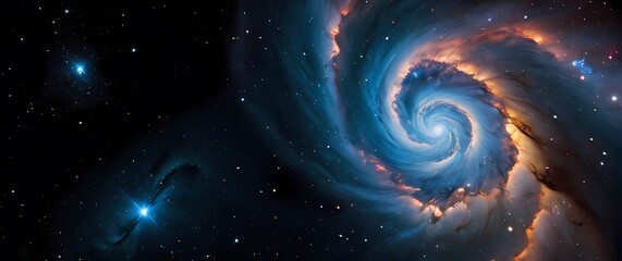 bright cosmic nebulae swirling with glowing star clusters set against deep black galactic spaces. ex