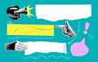 © Morena - Modern collage with halftone design elements and text boxes. Torn paper. Speech bubbles. Screaming mouth with megaphone. Messaging, creative chat. Halftone body parts, pointing hand