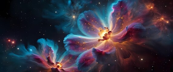 Wall Mural - bright colorful nebula clouds shaped like giant cosmic flowers beside distant star clusters. extreme