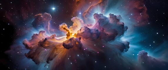 Wall Mural - bright colorful nebula clouds shaped like giant cosmic flowers beside distant star clusters. extreme