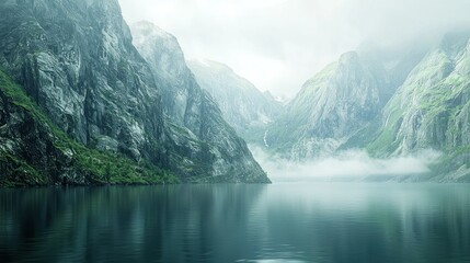Naklejka na meble Misty mountains with rugged cliffs and a calm lake on white background.