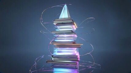 Aufkleber - Conceptual tower made of floating books and glowing wires in dark void.