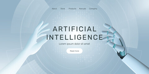 web banner with human hand and android robot hand, technology, development of artificial intelligenc