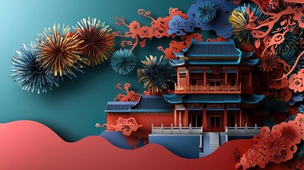 Sticker - Chinese architectural scene, paper cut style, festive decorations, teal and coral backdrop