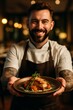 © FantasyLand86 - A confident chef in a modern upscale restaurant smiling while presenting a beautifully plated dish to the camera.