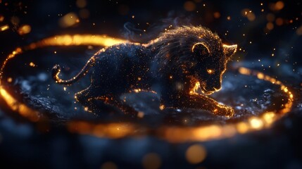 Wall Mural - fiery lion cub, night, magic circle, bokeh background