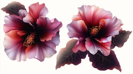 Wall Mural - Floral illustration of two hibiscus flowers, detailed design, isolated on white background, for print design