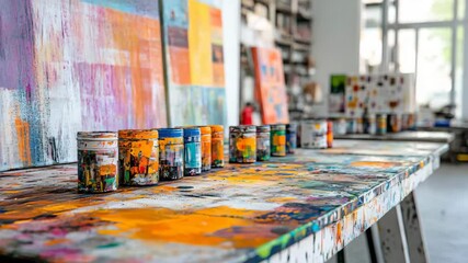 Wall Mural - colorful abstract painting displayed on a wooden table surrounded by art supplies and natural light