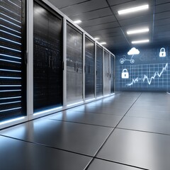 Fototapete - Data Center Security: A Modern Server Room with Cloud and Data Protection Visualization on a Screen