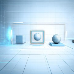 Fototapete - Geometric Composition in a Minimalist Blue and White Space with Cube, Framed Sphere, and Stand Sphere