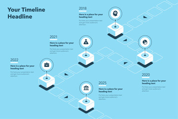 Aufkleber - Isometric timeline infographic template with five stages - blue version. Flat diagram for workflow layout, banner or web design.