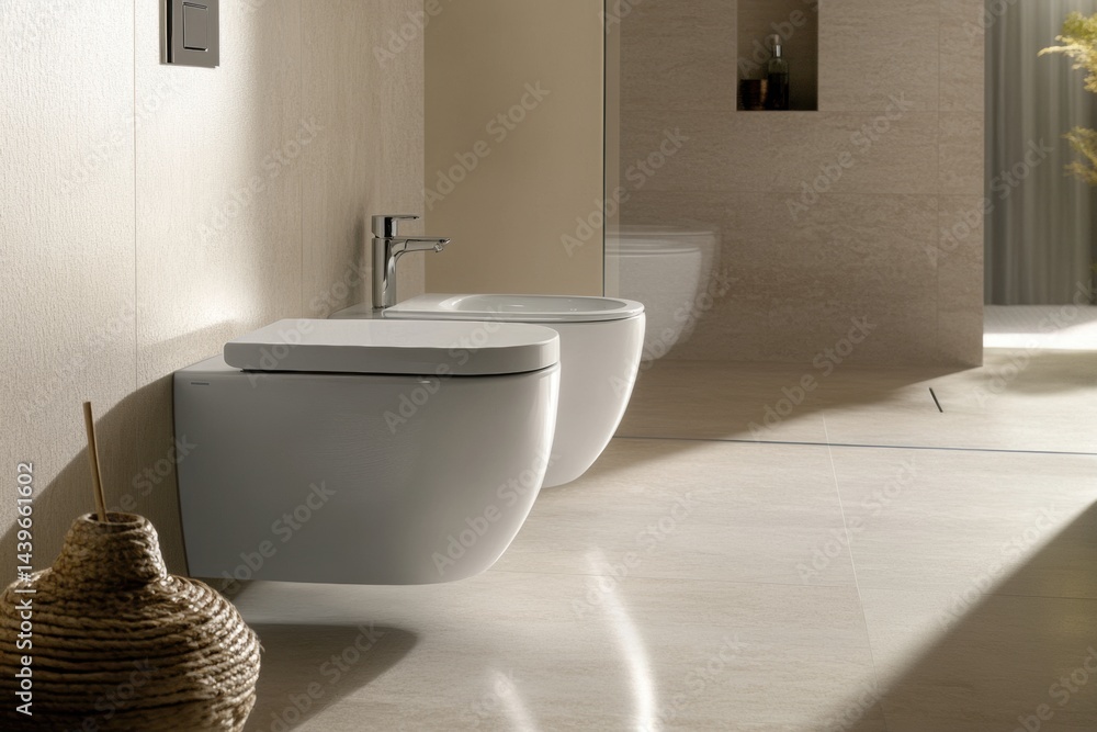 Toilet and bidet. Flush clean toilet in modern bathroom. White ceramic ...