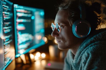 Man wearing headphones and glasses looking at code on computer screens during work on project at night