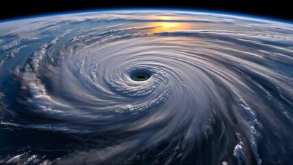 Fototapete - A stunning aerial view of a hurricane, featuring a swirling cloud formation with a defined eye and contrasting light at the horizon. The dramatic interplay of shadows and highlights enhances the tumul