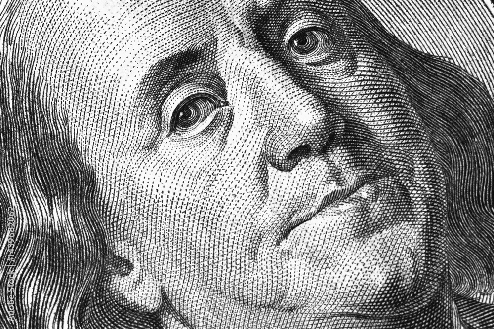 High resolution macro image of Benjamin Franklin on 100 US Dollar bill