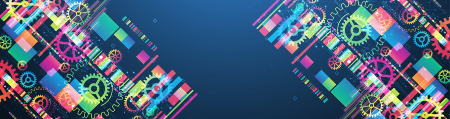Leinwandbilder - Abstract technological background with colored gears and multicolored rectangles and plexus effect. Vector