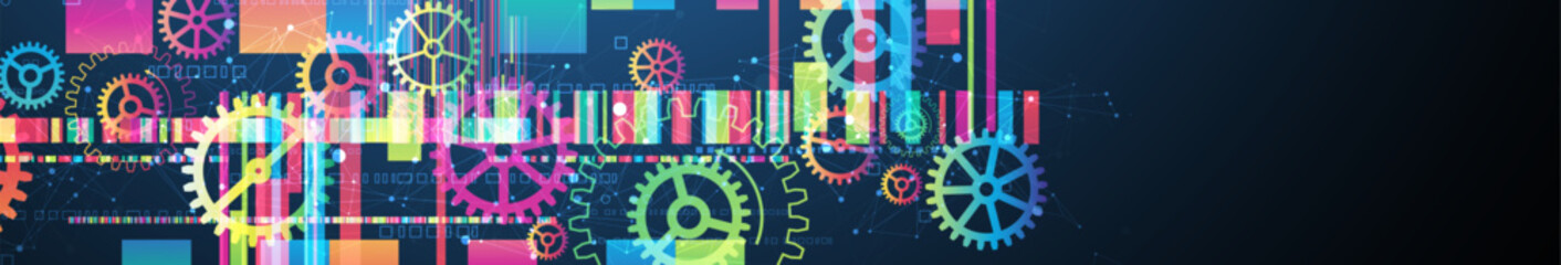 Wall Mural - abstract technological background with colored gears and multicolored rectangles and plexus effect. 