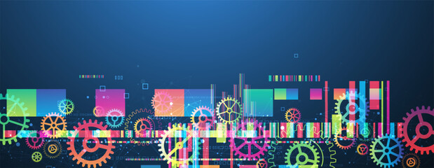 Wall Mural - abstract technological background with colored gears and multicolored rectangles and plexus effect. 