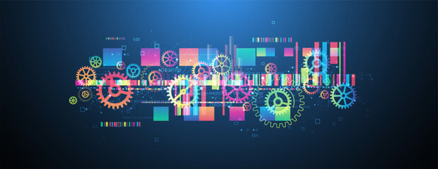 Leinwandbilder - Abstract technological background with colored gears and multicolored rectangles and plexus effect. Vector