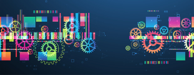 Aufkleber - Abstract technological background with colored gears and multicolored rectangles and plexus effect. Vector
