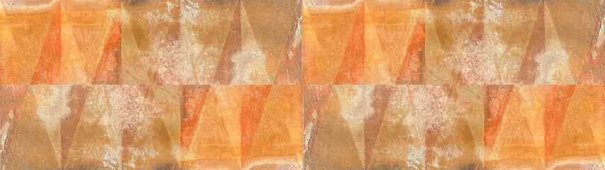 Leinwandbilder - Old brown orange rusty vintage worn shabby patchwork triangular triangles motif tiles stone concrete cement wall texture background banner panorama, seamless pattern