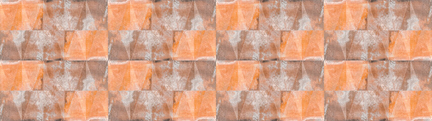 Leinwandbilder - Old brown orange rusty vintage worn shabby patchwork triangular triangles motif tiles stone concrete cement wall texture background banner panorama, seamless pattern