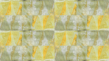 Leinwandbilder - Old green yellow vintage worn shabby patchwork triangular triangles motif tiles stone concrete cement wall texture background, seamless pattern