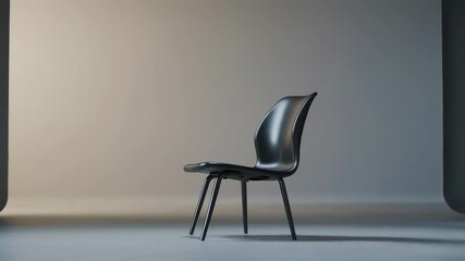 Poster - Modern black chair rotating slowly in a minimalist studio environment with soft lighting, creating an elegant and stylish atmosphere, perfect for showcasing furniture design and interior decor
