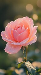Wall Mural - close-up of a dew-kissed pink rose in morning light