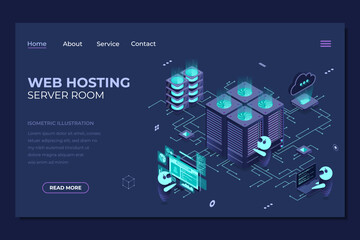 Wall Mural - isometric web hosting landing page. concept of server hosting. online computing technology. digital 