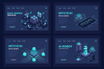 Wall Mural - set of isometric landing page template. modern technology concept for data center, ai robot, and art