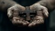 © SANDJAYA - Muddy Hands Holding a Wooden Cross: A Symbol of Faith and Perseverance