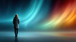 © Leopard - Person stands amidst vibrant energy fields resembling auroras in a mesmerizing cosmic landscape