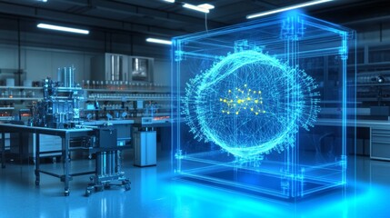 Wall Mural - modern laboratory with holographic technology illuminating scientific exploration at night