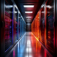 Fototapete - Illuminated Data Center: Red and Blue Server Racks in a Modern Colocation Facility with Reflected Light.