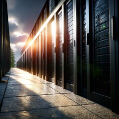 Fototapete - Server Room Sunset: A Glimpse into the Heart of Data and Cloud Computing Infrastructure.