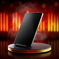 Poster - Sleek Tablet on a Modern Podium with Dynamic Red and Yellow Lighting and Subtle Smoke Effect for a Premium Tech Product Presentation.