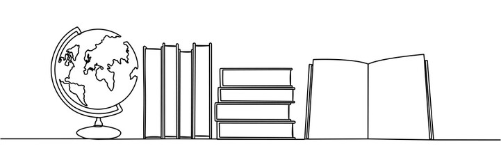 Wall Mural - books stack with globe continuous line drawing. linear world map symbol. education concept. vector i
