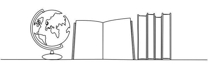Wall Mural - books stack with globe continuous line drawing. linear world map symbol. education concept. vector i