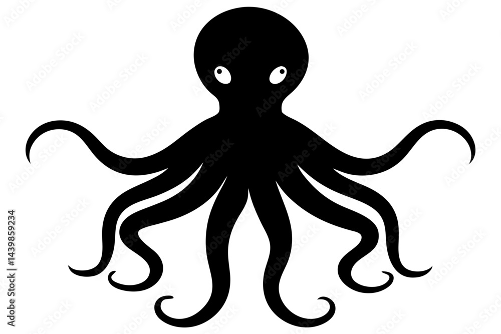 Simple black silhouette of an octopus with curled tentacles on white ...