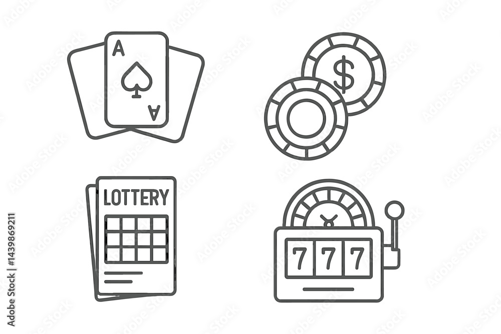 Set of web icons depicting gambling elements in line style featuring playing cards, chips, lottery tickets, and a slot machine