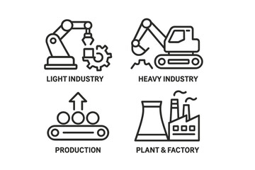 Poster - Set of web icons representing light and heavy industry, production, plant, and factory activities in line style