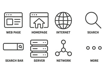 Fototapete - Collection of web icons in line style depicting internet functionalities such as search, network, and homepage access