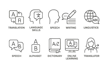 Poster - Collection of line style web icons representing translation, language learning, and linguistic skills