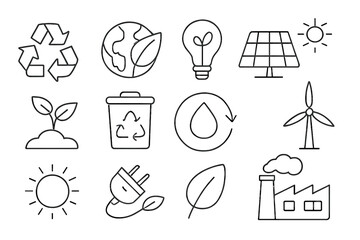 Fototapete - Collection of web icons showcasing environmental themes and renewable energy in a minimalistic line art style