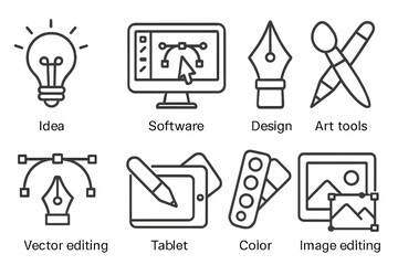 Aufkleber - Set of web icons featuring design tools and editing software in clean line style for digital projects