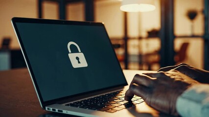 Office worker is accessing secure data, typing a password on a laptop keyboard, with a lock icon displayed on the screen, symbolizing digital security and encryption